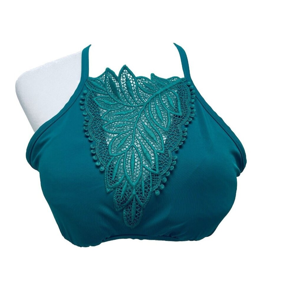 Women’s Bralette Bra Size L Crochet Lace High Neck Unlined Green